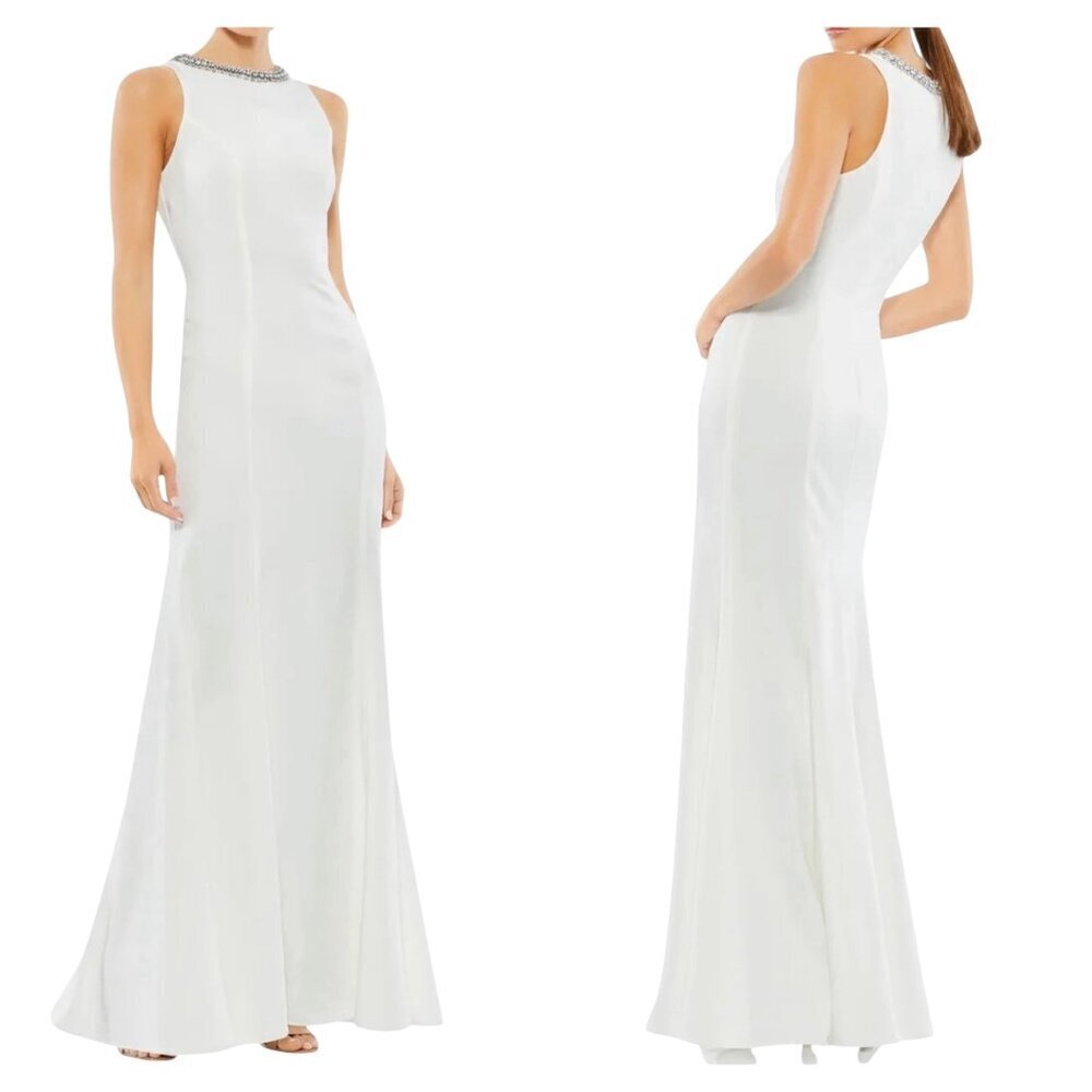 Mac Duggal Beaded Neckline White Gown Dress Size 8 NWT Style 49093